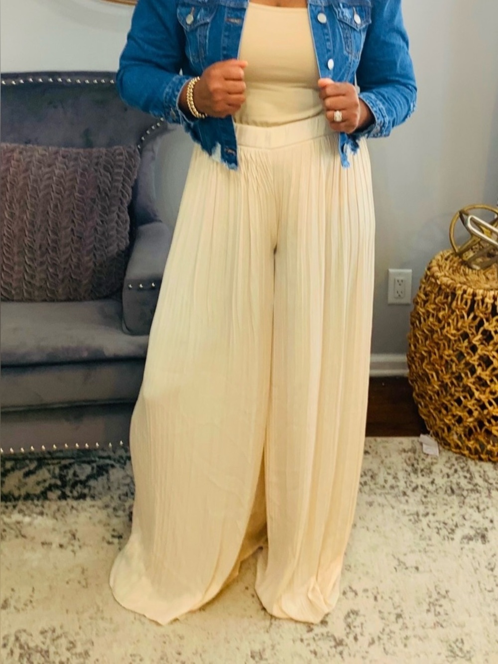 Zara Cream Wide-Leg Pleated Palazzo Pants